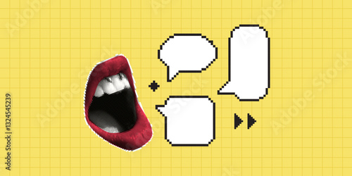 Contemporary art collage with female open mouth and 
speech bubbles. Pixel Art. Female halftone lips with tongue and piercing. Creative collage in Y2K style for social media, card, print on clothes.