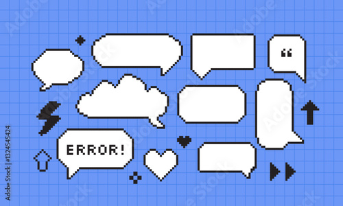 Pixel art speech bubbles set. Collection of pixel elements. Comic chat pixel elements. 8-bit style illustration. 