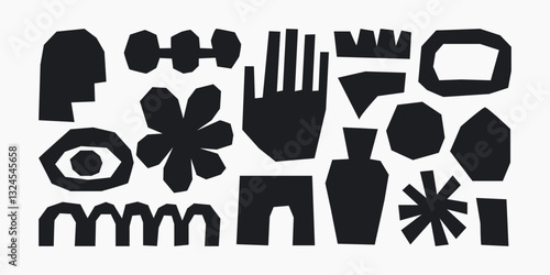 Trendy vector abstract cut out pieces. Paper cutouts. Hand drawn modern design for card, print on clothes. Creative collage with naive shapes on transparent background