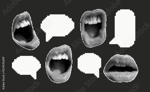 Contemporary art collage with female open mouth and 
speech bubbles. Pixel Art. Female halftone lips with tongue and piercing. Creative collage in Y2K style for social media, card, print on clothes.