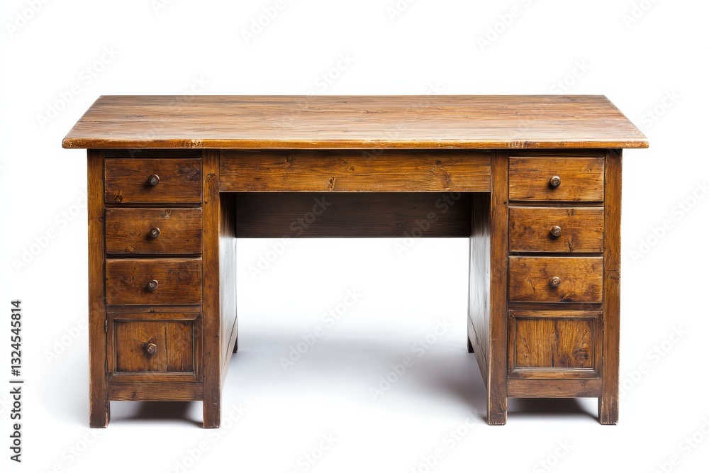 A sturdy wooden desk adorned with multiple drawers, perfect for creative work or study sessions isolated on transparent background A sturdy wooden desk adorned with multiple drawers, perfect for creative work or study sessions isolated on transparent background