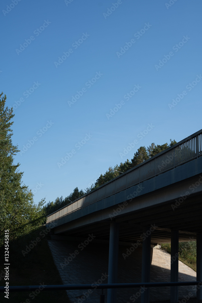 photo A captivating image showcasing a bridge extending over a tranquil road under a clear sky, surrounded by lush green trees, illustrating peace and modern engineering marvel