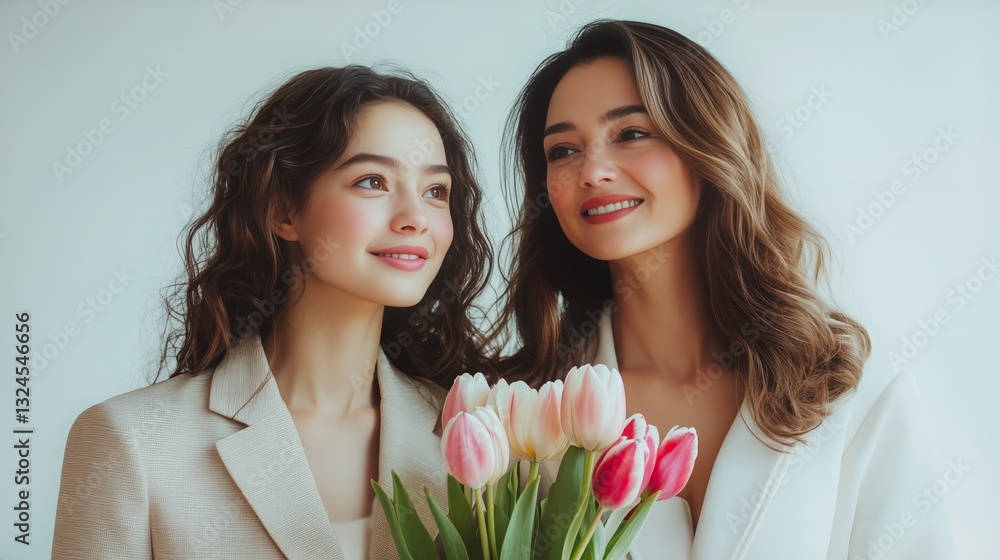 Sisters Enjoying a Moment With Fresh Tulips in a Bright, Minimalist Indoor Setting Sisters Enjoying a Moment With Fresh Tulips in a Bright, Minimalist Indoor Setting