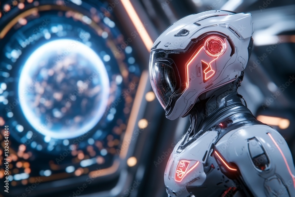 A cyberpunk-themed astronaut with neon-lit suit accents, standing on a futuristic space station with holographic planets in the background A cyberpunk-themed astronaut with neon-lit suit accents, standing on a futuristic space station with holographic planets in the background