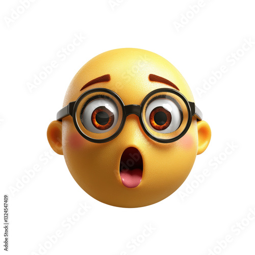 Playful yellow emote character wearing stylish glasses smiling happily with fun expression against a bright background isolated on a white background.