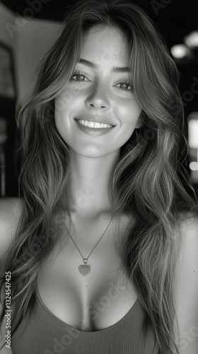Natural Beauty Portrait of a Smiling Woman With Long Hair Against a Simple Ba...