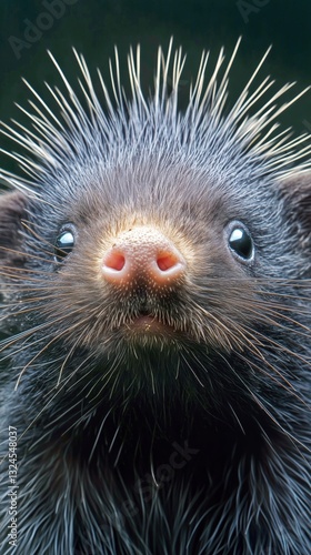 Close-up View of a Unique Porcupine Showcasing Its Quills and Facial Features...