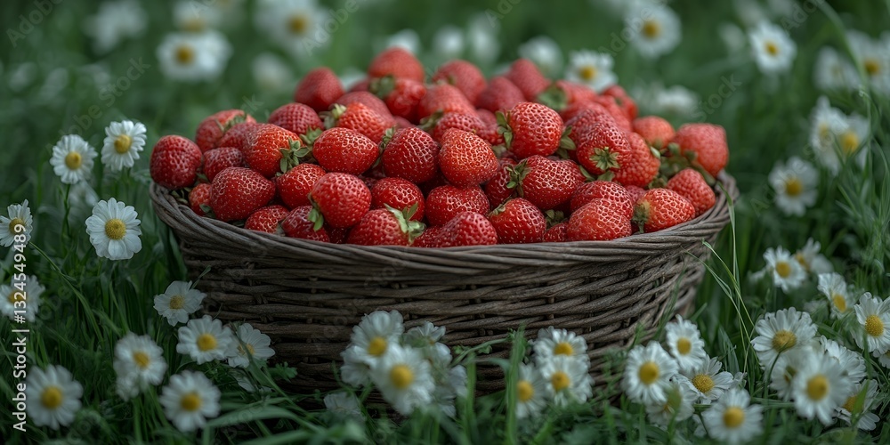 Fresh juicy strawberries in a wicker basket surrounded by daisies a summer harvest scene Fresh juicy strawberries in a wicker basket surrounded by daisies a summer harvest scene