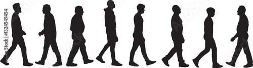 vector; silhouette of side view of a large group of men walking