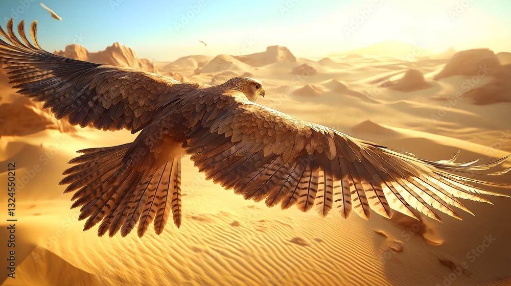 Naklejka premium Majestic Golden Eagle Soaring over Desert Sand Dunes with Dramatic Wingspan against Sunset Sky in Wildlife Conservation Photography