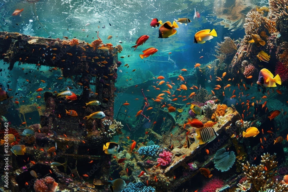 Fototapeta premium Colorful marine life swimming among coral and a shipwreck in clear tropical waters during daylight hours