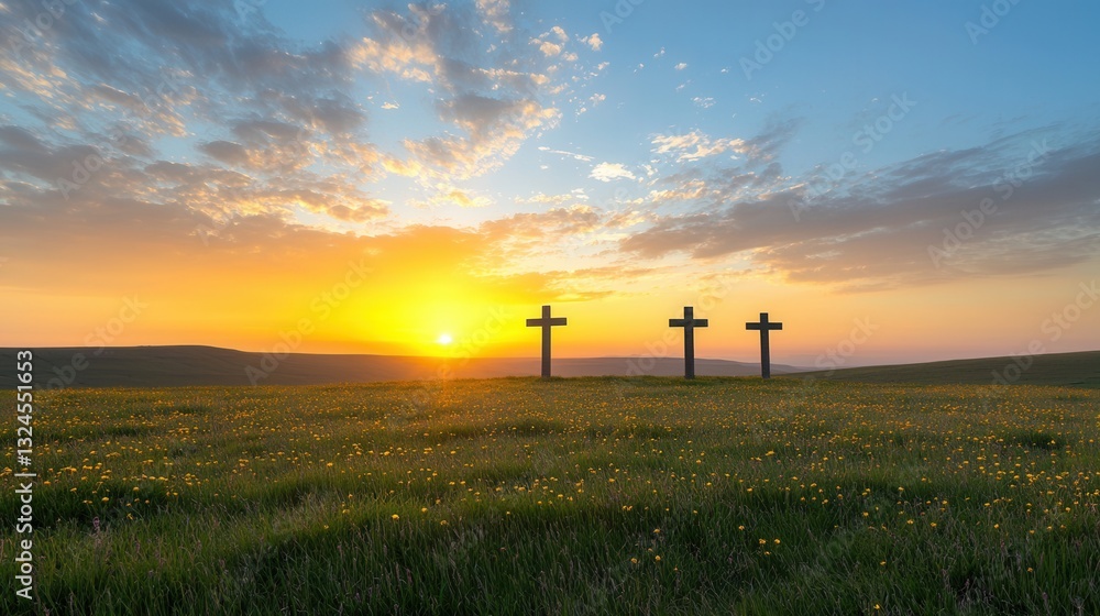 Fototapeta premium Three crosses stand silhouetted against a breathtaking sunset sky creating a serene and contemplative scene in the tranquil countryside