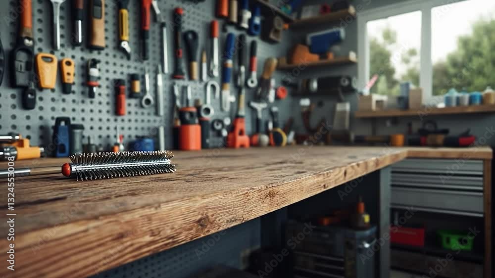 A well-organized workshop with tools on the wall, featuring a wooden workbench in focus A well-organized workshop with tools on the wall, featuring a wooden workbench in focus
