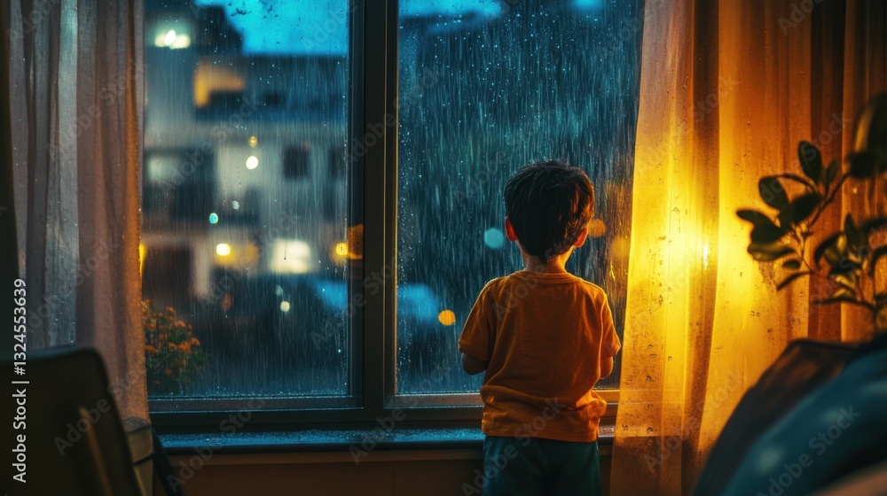 Child Looking Out Rainy Window at Night Child Looking Out Rainy Window at Night