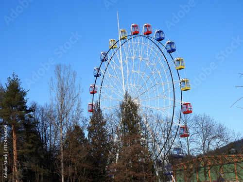 Ferries wheel in the park with red, yellow, blue cabins