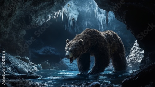 A detailed scene of an extinct cave bear in a dark, icy cave.