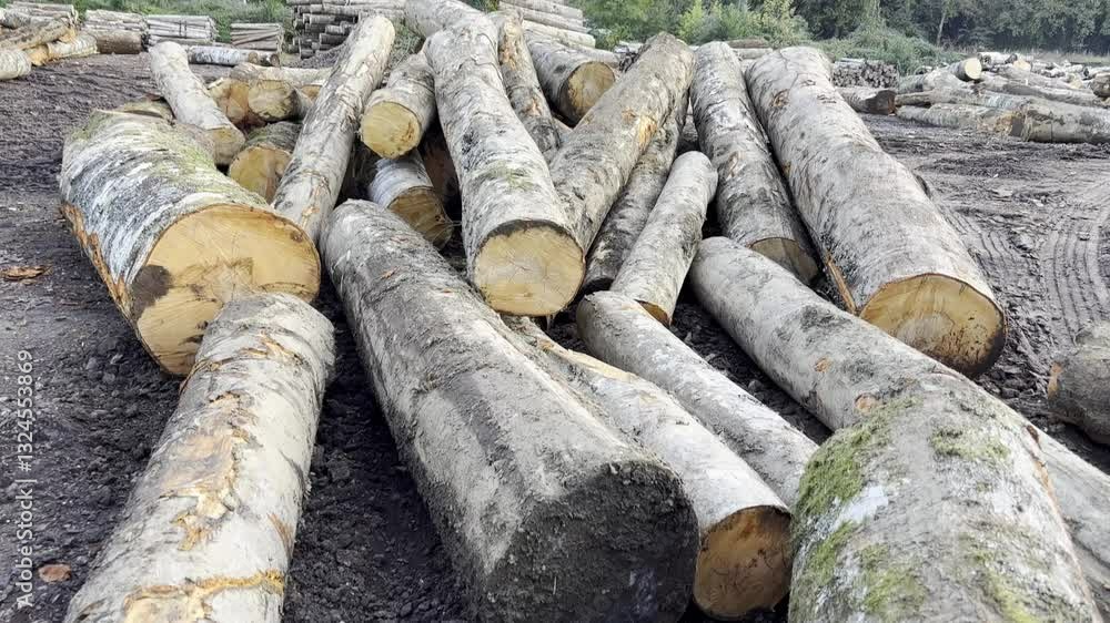 Pile of freshly cut wooden logs on a side of a muddy road in a forest. Forestry industry and business. Fire wood and construction material production. Ecology issue. Profit on natural resources