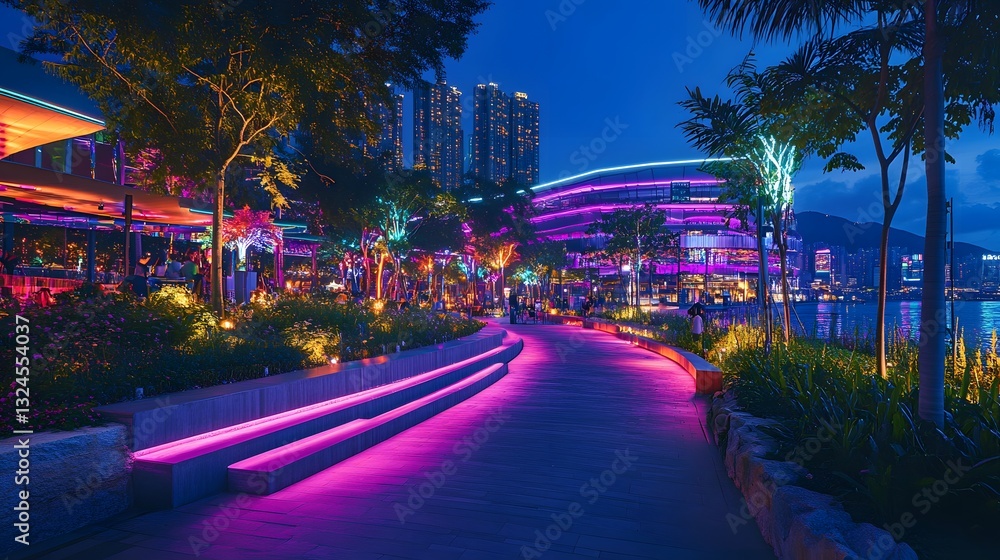 Vibrant Night Scene at Waterfront Promenade Vibrant Night Scene at Waterfront Promenade