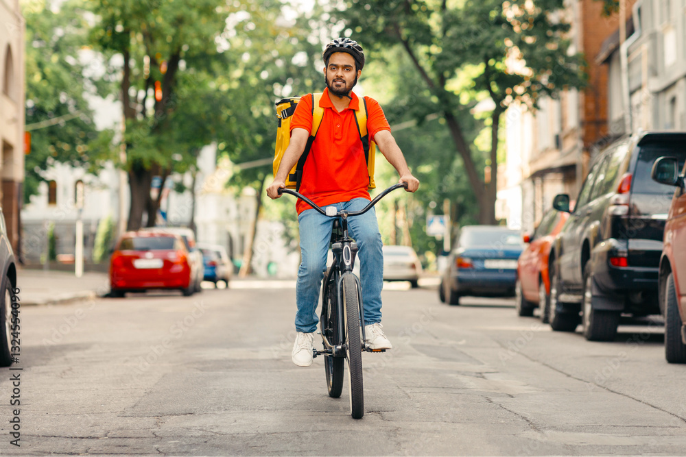 Express delivery service. Cyclist with helmet and yellow backpack rides on road at daylight in city, panorama, copy space Express delivery service. Cyclist with helmet and yellow backpack rides on road at daylight in city, panorama, copy space