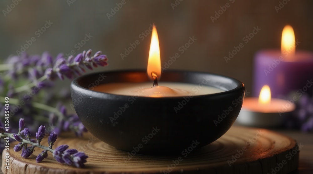 Peaceful aromatic candle burning in spa setting Peaceful aromatic candle burning in spa setting