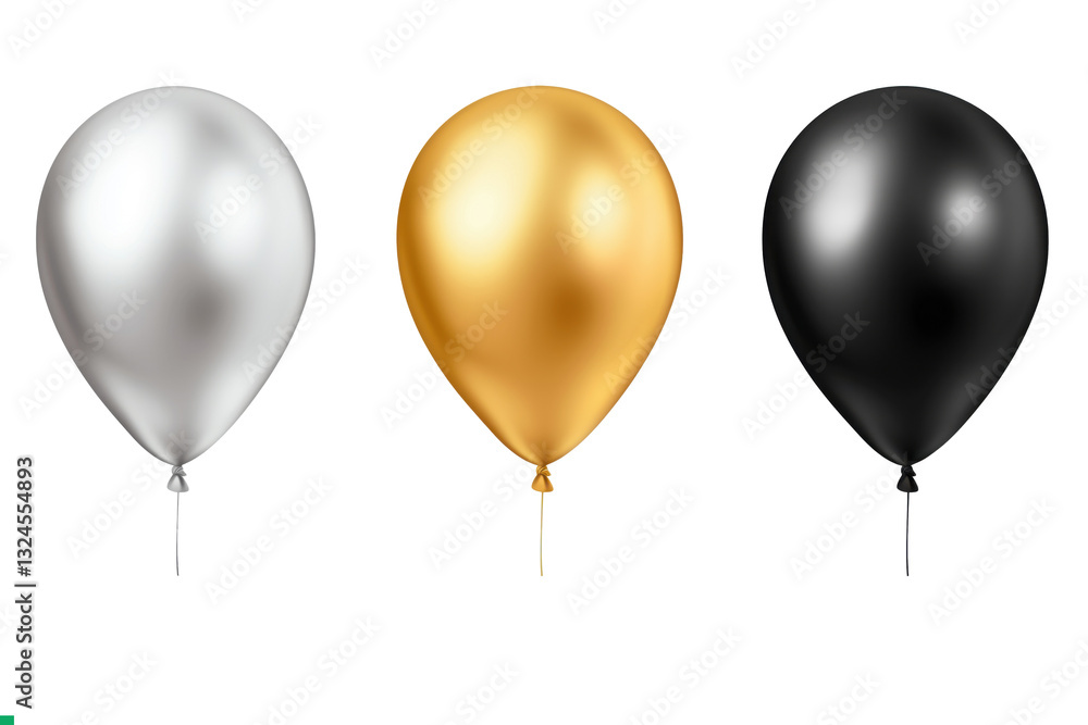 Set of gold, silver, and black balloons isolated on transparent background Set of gold, silver, and black balloons isolated on transparent background