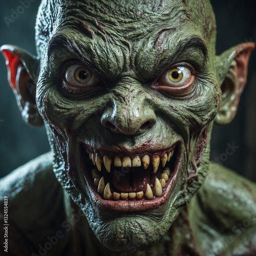 Horror Face of a Green Goblin with Bloody Fangs