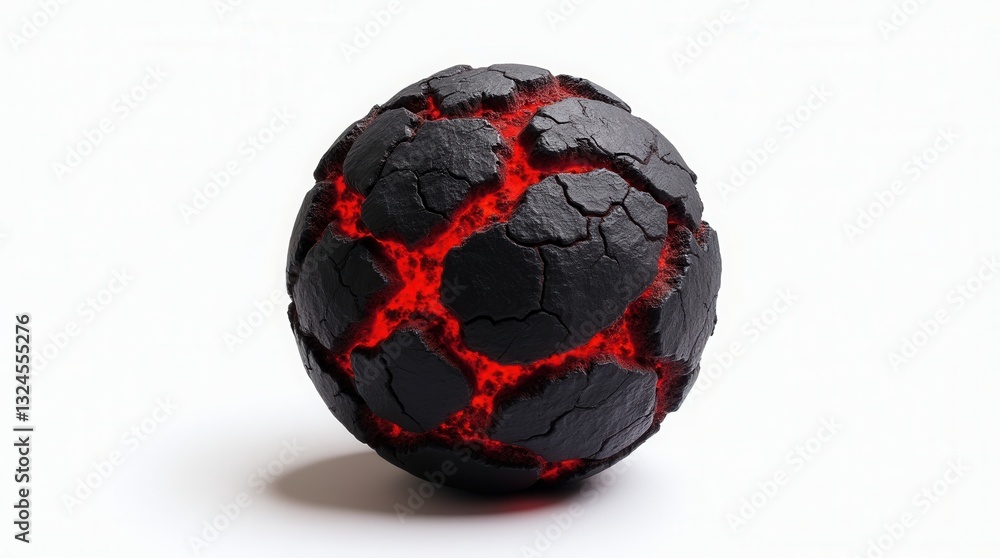 Fototapeta premium Dramatic lava sphere with glowing red cracks on white background