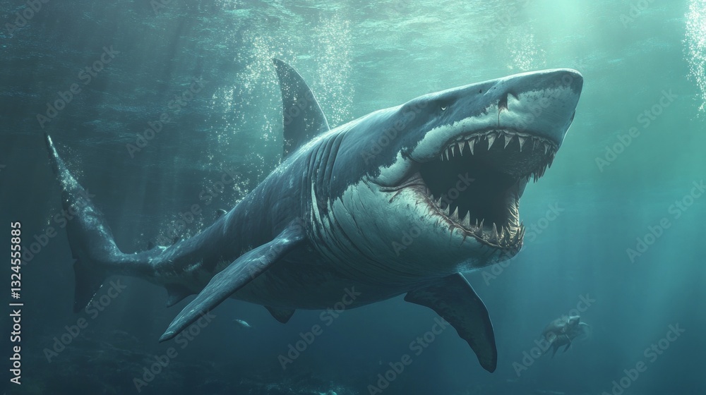 Fototapeta premium A digitally recreated scene of the extinct Megalodon hunting in prehistoric oceans. 