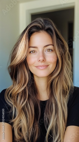 Natural Beauty Portrait of a Smiling Woman With Long Hair Against a Simple Ba...