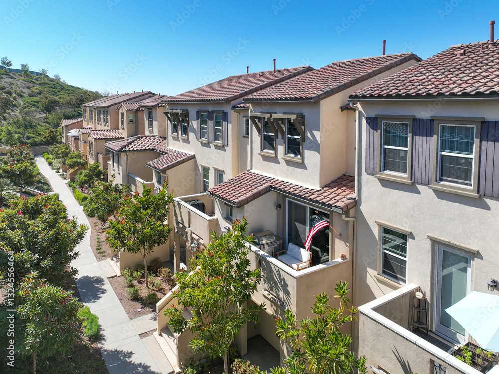 Aerial view of middle class community identical condominium apartment, Oceanside, South California, USA.