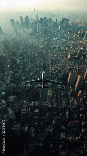Above the Skyline of a Bustling City With a Jet Approaching Landing in the Go...