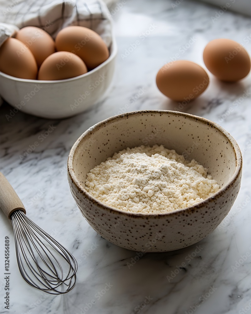 High-angle view of whisk and bowl with flour, eggs, and milk ready for batter – Generative AI High-angle view of whisk and bowl with flour, eggs, and milk ready for batter – Generative AI