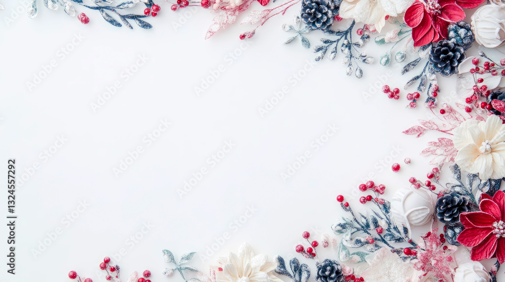 Festive Holiday frame with Red Berries and White Flowers, Elegant Christmas card Festive Holiday frame with Red Berries and White Flowers, Elegant Christmas card
