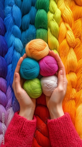 Vibrant Knitting Yarns Held in Hands Against a Colorful Backdrop