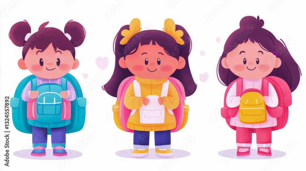 Back to school: Three little girls with backpacks, ready to learn, perfect as an illustration for print, card, poster or social media post. Back to school: Three little girls with backpacks, ready to learn, perfect as an illustration for print, card, poster or social media post.