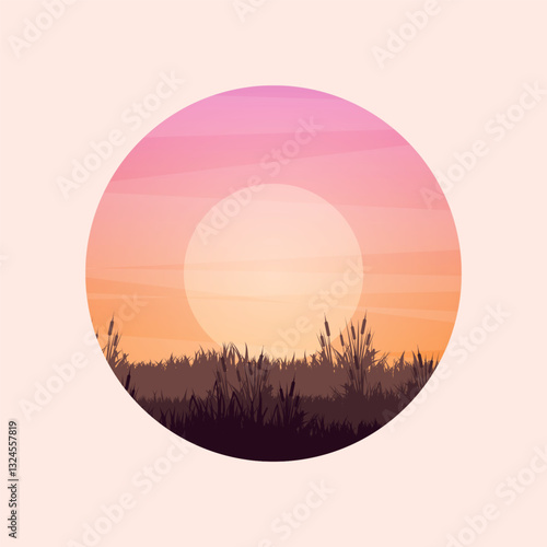 Meadow silhouettes with grass and old wooden fence. Countryside, round panoramic summer lawn rural landscape with herbs, weeds. Agriculture and farming. Summer sunset in nature. Vector illustration