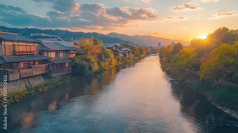 Fototapeta premium Kyoto River Sunset Landscape