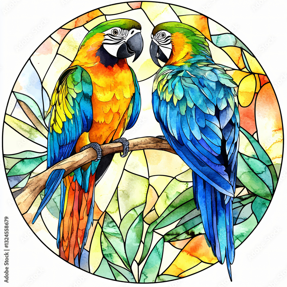 Obraz premium Vibrant macaws in a colorful stained glass artwork nature setting digital illustration tropical environment artistic viewpoint wildlife concept for seo impact