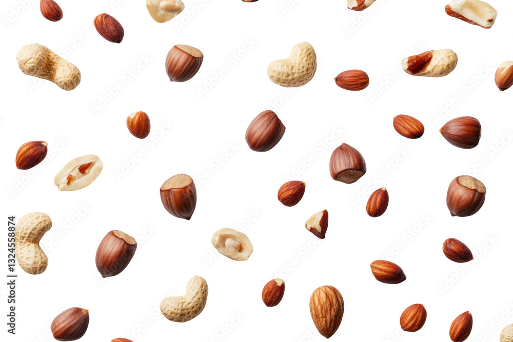Variety of nuts scattered on a white surface, cut out Variety of nuts scattered on a white surface, cut out
