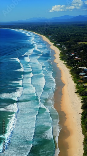 Stunning Aerial View of Serene Beach and Turquoise Ocean at Midday in Tropica...