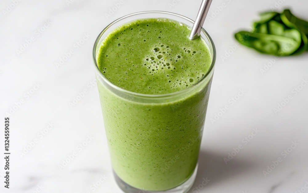 Vibrant Green Spinach Smoothie in Glass on Marble Vibrant Green Spinach Smoothie in Glass on Marble