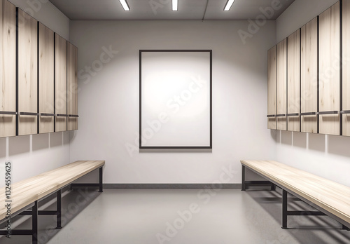 Single empty poster frame mockup in clean and modern locker room with wooden benches photo