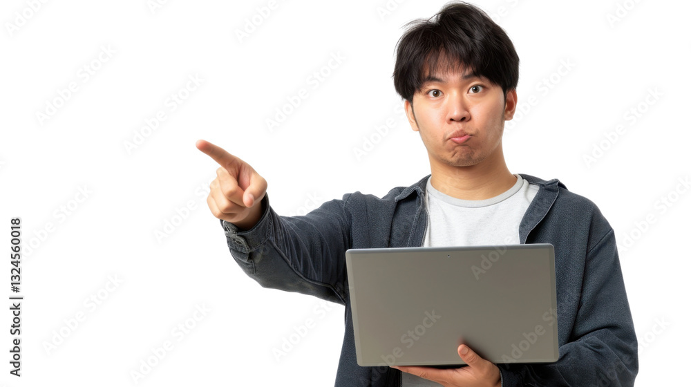 Asian man pointing finger holding laptop transparent background Asian man pointing finger holding laptop transparent background
