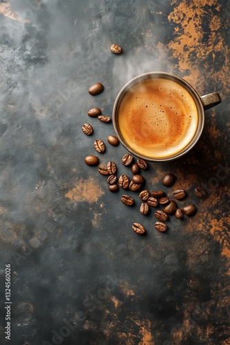 Freshly Brewed Coffee in a Cup With Roasted Beans Scattered on a Textured Sur...
