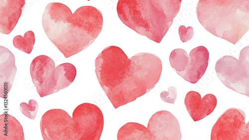 Watercolor red and pink hearts pattern on a white background,