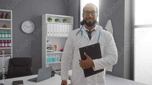 Wallpaper Mural Young bearded man in a white coat stands in clinic holding a clipboard in an office environment. Torontodigital.ca