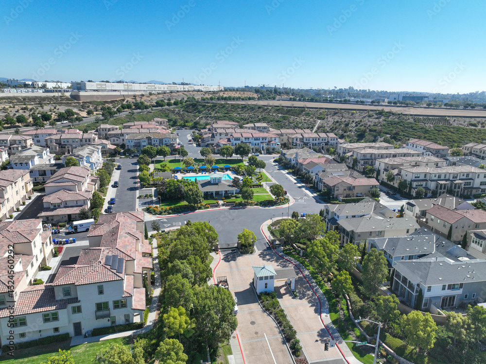 Aerial view of middle class community identical condominium apartment, Oceanside, South California, USA.