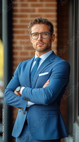 Business Professional in a Blue Suit Poses Confidently Against a Brick Wall D...