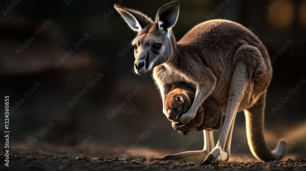 Kangaroo joey in pouch, wildlife, dawn light, nature preserve Kangaroo joey in pouch, wildlife, dawn light, nature preserve
