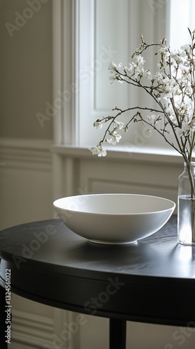 Minimalistic Interior With a White Bowl and Flowers on a Dark Table in Natura...